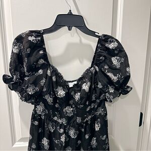 And Now This Babydoll Maxi ruffle lace trim dress black white floral NWOT